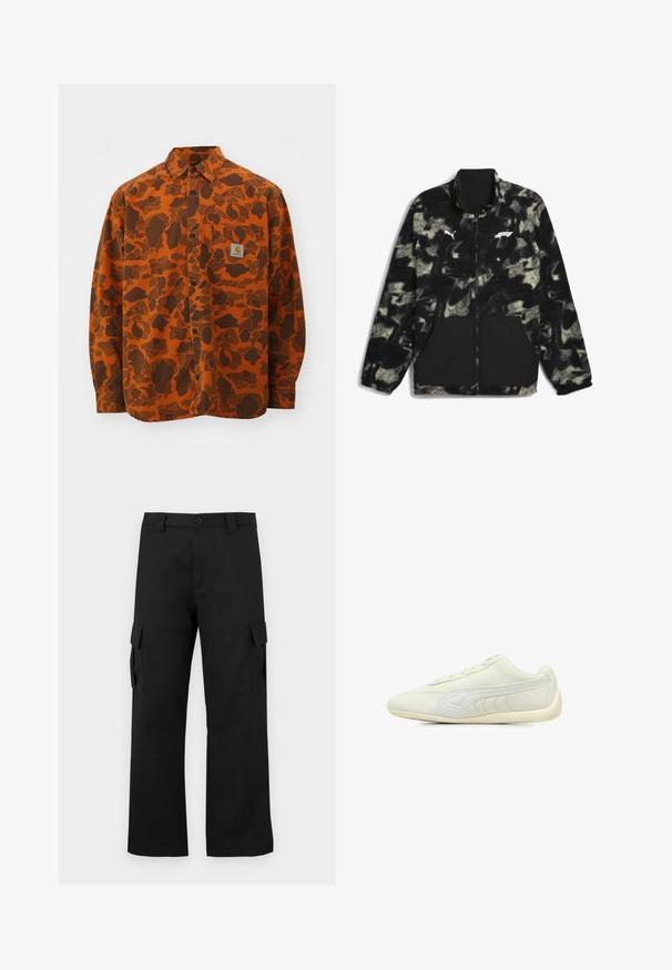 Puma F1 STATEMENT - REVERSIBLE - Fleecejakke - puma black aop; Carhartt WIP DUCK - Skjorter - green/turmeric; Sorte cargo bukser med lige ben-design. Lavet af slidstærkt stof, med to sidelommer med klaplukninger og lukning med knap.; Lys grå atletisk sko lavet af ruskind, med en glat overflade, rund tå, minimalistisk design, snørebånd foran og teksturerede side-accenter.