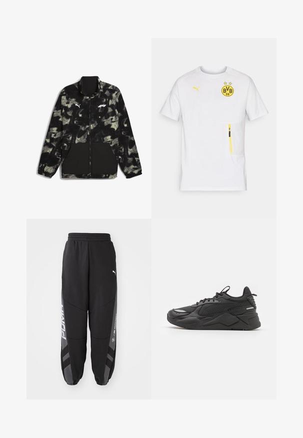 Puma F1 STATEMENT - REVERSIBLE - Flīsa jaka - puma black aop; Balts īsām piedurknēm sporta krekls, ar dzelteno BVB logotipu, dzelteniem akcentiem un rāvējslēdzēja kabatu kreisajā priekšā. Viegls materiāls.; Melni sporta šorti, izgatavoti no mīksta materiāla. Iezīmes elastīga josta, sašaurinātas kājas, pelēki akcenti un baltie logo sānos.; Melnas kedas ar teksturētu augšdaļu, kas izgatavota no sieta un sintētiskajiem materiāliem, ar biezu zoli un atstarojošiem akcentiem redzamībai.