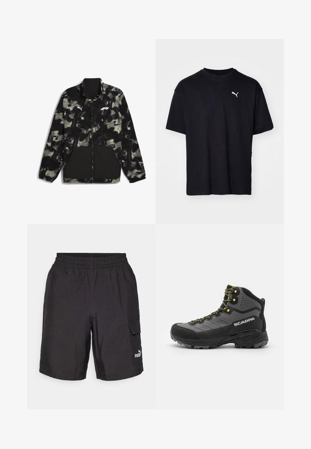Puma F1 STATEMENT - REVERSIBLE - Fleecová bunda - puma black aop; Černé bavlněné tričko s krátkým rukávem, kulatým výstřihem a bílým logem Puma na horní levé straně hrudi. Klasický střih, hladká textura.; Černé cargo šortky s elastickým pasem, bočními kapsami a bílým logem Puma na levé nohavici. Vyrobené z lehké látky.; Černé a šedé turistické boty s texturovaným materiálem, jasně žlutými akcenty, zesílenou špičkou a gumovou podešví s hlubokým vzorkem pro trakci.