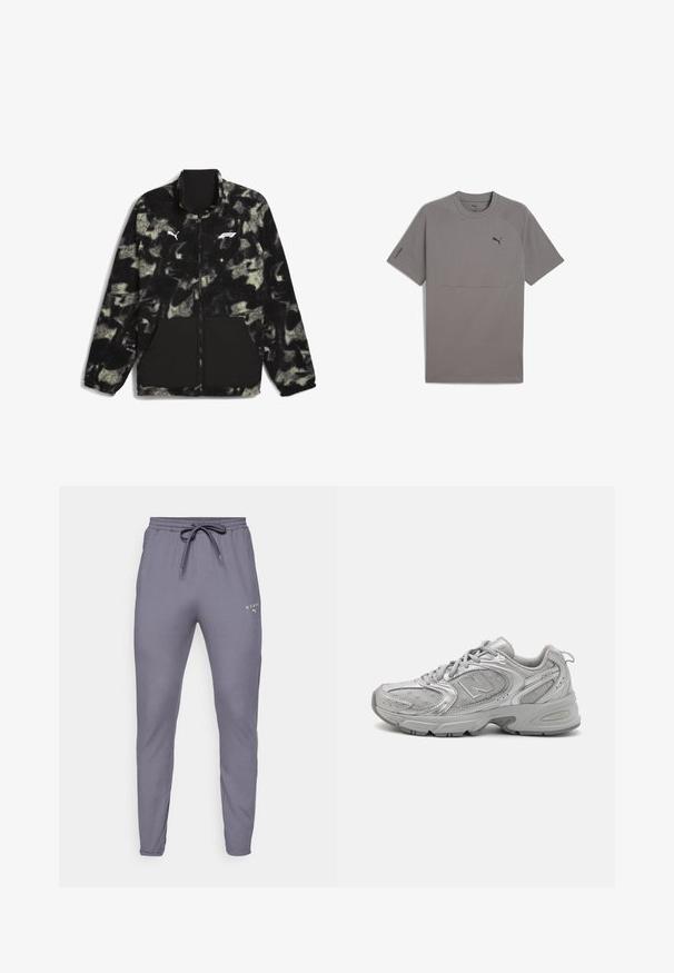 Puma F1 STATEMENT czarny; Szara koszulka z krótkim rękawem z gładkiego materiału, z okrągłym dekoltem, rękawami raglanowymi oraz małym czarnym logo Pumy na klatce piersiowej.; Szare spodnie sportowe o tapered fit, wykonane z miękkiego materiału. Posiadają elastyczny pas ze sznurkiem i małe, neonowo zielone logo z przodu.; Srebrny but sportowy o eleganckim designie, panelach z siateczki, wyściełanym języku, teksturowanej syntetycznej cholewce oraz gumowej podeszwie dla lepszej przyczepności.