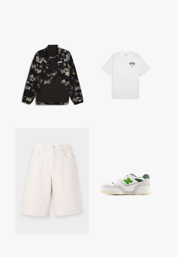 Puma F1 STATEMENT - REVERSIBLE - Forro polar - puma black aop; Camiseta de algodón blanca de manga corta y cuello redondo, con un logo impreso en negro en el pecho. Diseño sencillo y clásico.; Shorts de mezclilla de color beige claro con un ajuste holgado, que cuentan con dos bolsillos frontales, una cremallera y un cierre de botón metálico.; Zapatilla blanca con acentos verdes, hecha de cuero y ante. Presenta un upper texturizado, collar acolchado y una suela de goma con tacos visibles.