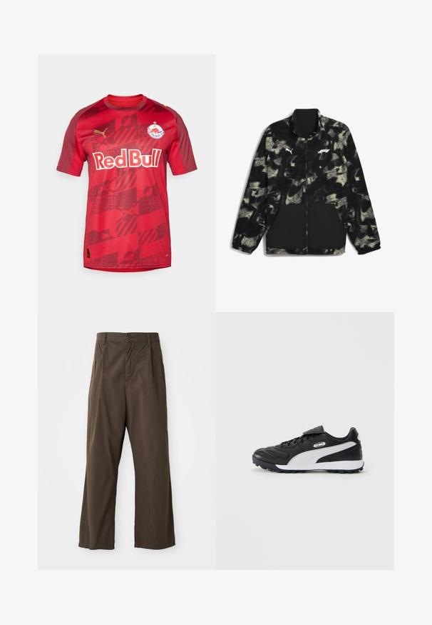 Puma F1 STATEMENT - REVERSIBLE - Polárdzseki - puma black aop; Piros focimez rövid ujjakkal, kerek nyakkal és gradienst mintázattal. Elötérben a "Red Bull" logó, a csapat címer és arany Puma logó látható.; Barna, bő szárú pamut nadrág, elülső gombzárral, övhurkokkal és sima, matt felülettel.; Fekete, alacsony felső rétegű focicipő fehér oldalsávval, texturált talppal, fűzős elejével és tépőzáras pecekfedővel, sima háttér előtt.