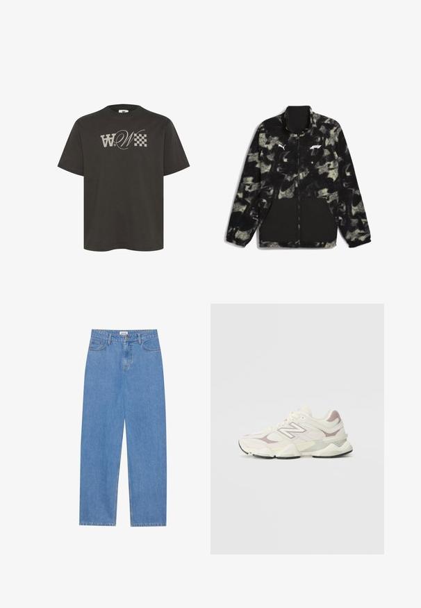 Puma F1 STATEMENT - REVERSIBLE - Fleecová bunda - puma black aop; Tmavě šedé bavlněné tričko s velkým stylizovaným logem "W" a kostkovaným vzorem na přední straně. Krátké rukávy a design s kulatým výstřihem.; Svetle modré džíny s rovnýma nohavicema, designem se pěti kapsami, zapínáním na jeden knoflík a jemnými detaily šití na švech.; Bílé a světle šedé sportovní tenisky s textilním a syntetickým svrškem, polstrovaným límcem, strukturovanými detaily a silnou gumovou podrážkou.