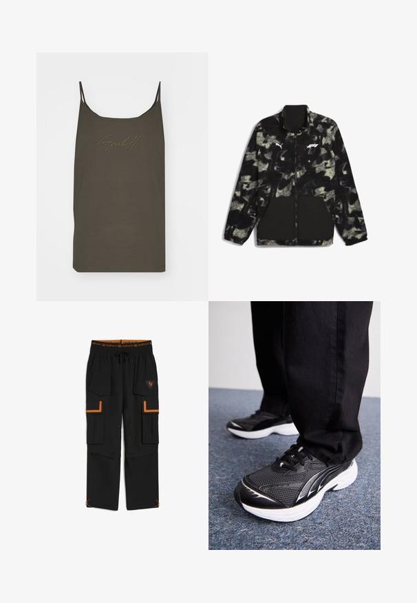 Puma F1 STATEMENT - REVERSIBLE - Fleecová bunda - puma black aop; GmbH KILIAN - Top - khaki; Černé cargo kalhoty mají elastický pas s oranžovou šňůrkou, několik kapes a oranžové detaily na kapsách a lemování.; Černé sportovní boty s síťovinou, bílou podrážkou a černými akcenty. Podešev má texturovaný vzor. Nosené s černými kalhotami na modrém kobercovém povrchu.