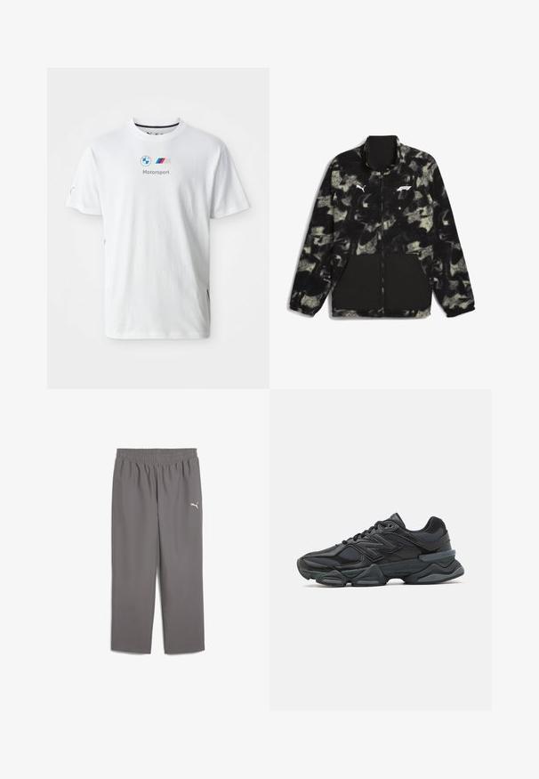 Puma F1 STATEMENT - REVERSIBLE - Fliisjakk - puma black aop; Valge puuvillane T-särk, millel on BMW logo, hall "Motorsport" tekst ja värvilised aktsendid külgedel. Lühikesed varrukad ja ühe otsa kraed.; Hallid hallid sportpüksid elastse vöökohtaga, valmistatud kergest kangast. Vasakul jalal on väike valge logo.; Mustad mustus jooksukeng, mis sisaldab segu võrgust ja sünteetilisest materjalist, jäme talla, kaarduv disain ja silmapaistev bränding külgedel.