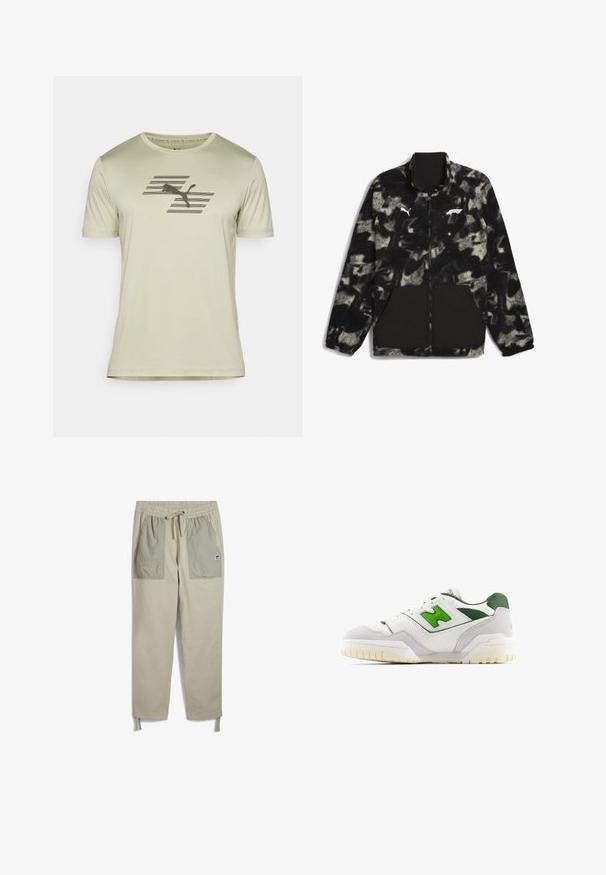 Puma F1 STATEMENT - REVERSIBLE - Fleecejas - puma black aop; Lichtgroene wollen shirt met korte mouwen, gemaakt van een gladde stof, met een donker logo en een horizontaal streepdesign op de borst.; Beige broek met een elastische tailleband, trekkoord, twee grote voorzakken in een lichtere tint en verstelbare enkelriemen.; Witte sneaker met groene accenten, gemaakt van leer en suède. Heeft een gestructureerde bovenkant, een gevoerde kraag en een rubberen zool met zichtbare loopnoppen.