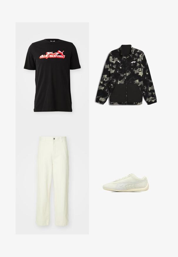 Puma F1 STATEMENT czarny; Czarna bawełniana koszulka z krótkim rękawem, z odważnym czerwono-białym nadrukiem, na którym widnieje napis "Grać inaczej!" oraz element logo. Okrągły dekolt.; Jasnożółte bawełniane spodnie o prostym kroju nogawki, z zapięciem na guzik z przodu, szlufkami na pasek i minimalistycznym, czystym wzornictwem.; Jasnoszary but sportowy wykonany z zamszu, charakteryzujący się gładką powierzchnią, okrągłym noskiem, minimalistycznym wzornictwem, sznurowanym przodem i teksturowanymi akcentami po bokach.