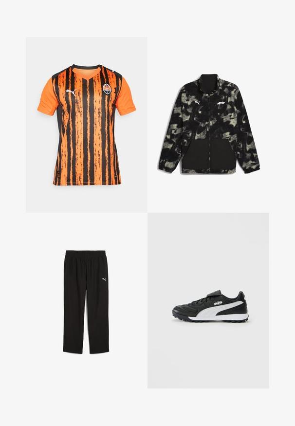Puma F1 STATEMENT - REVERSIBLE - Flísová bunda - puma black aop; Pomerančovo-čierny pruhovaný futbalový dres s krátkymi rukávmi, V-výstrihom, ktorý má logo na hrudi a značku Puma na ramene.; Čierne športové nohavice s elastickým pásom, vyrobené z ľahkého materiálu. Obsahujú malé biele logo Puma na ľavej strane.; Čierne nízke futbalové topánky s bielym bočným pruhom, textúrovanou podrážkou, šnurovaním vpredu a suchým zipsom cez šnúrky na jednoduchom pozadí.