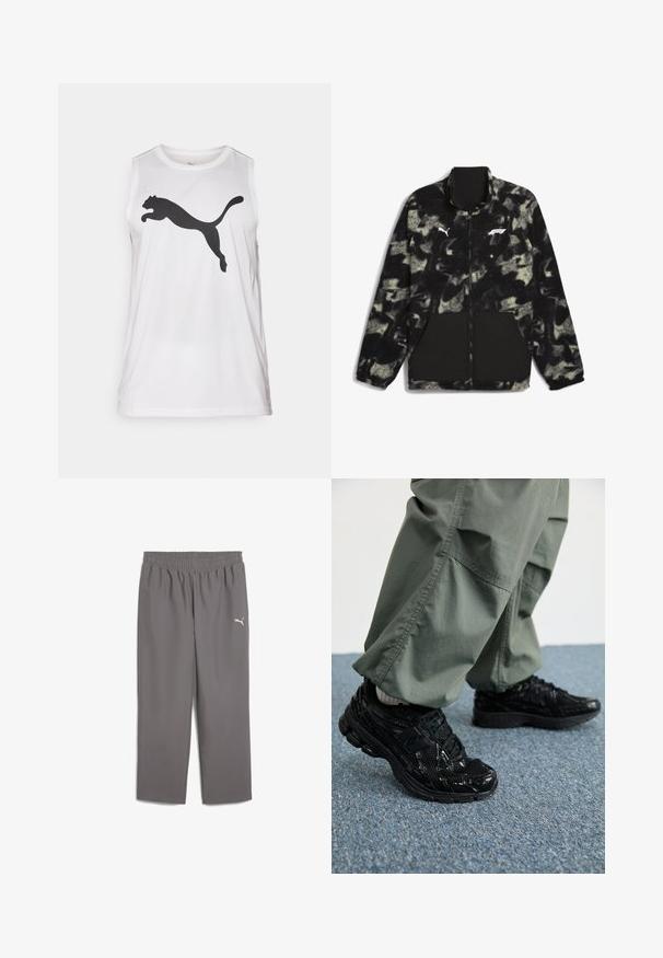 Puma F1 STATEMENT - REVERSIBLE - Fleecejas - puma black aop; Witte mouwloze sport tanktop van gladde stof met een groot zwart Puma-logo op de voorkant. Ronde halslijn en een reguliere pasvorm.; Grijze sportbroek met een elastische tailleband, gemaakt van lichtgewicht stof. Kenmerkt zich door een klein wit logo op het linkerpant.; Zwarte sport sneakers met glanzende en mesh texturen, voorzien van een dikke zool en veters, gecombineerd met losse olijfgroene cargobroeken.