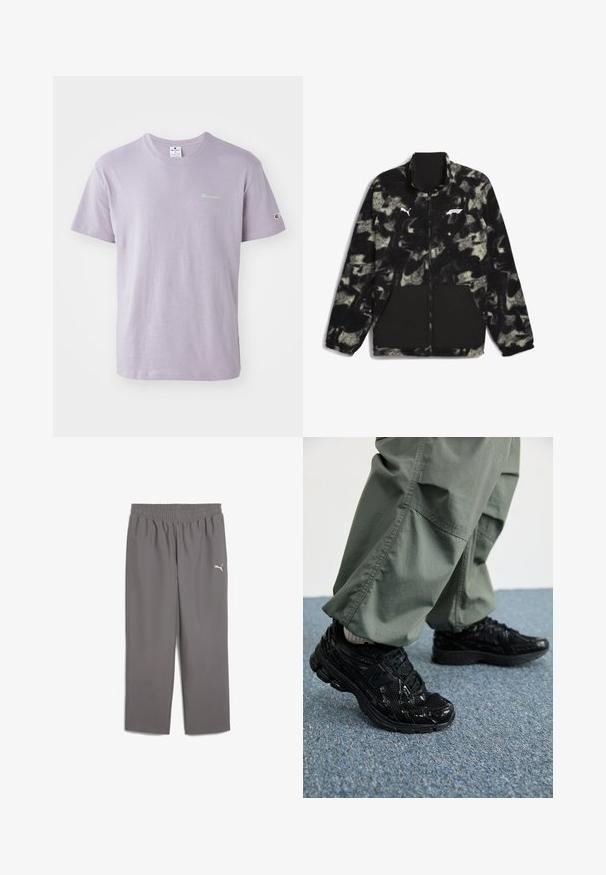 Puma F1 STATEMENT czarny; Jasnofioletowa bawełniana koszulka z okrągłym dekoltem, krótkimi rękawami oraz małym zielonym logo na piersi, z akcentem logo na rękawie.; Szare spodnie sportowe z elastycznym pasem, wykonane z lekkiego materiału. Posiadają małe białe logo na lewej nodze.; Czarne sportowe sneakersy z błyszczącą i siateczkową teksturą, z grubą podeszwą i sznurowadłami, w połączeniu z luźnymi oliwkowymi spodniami cargo.