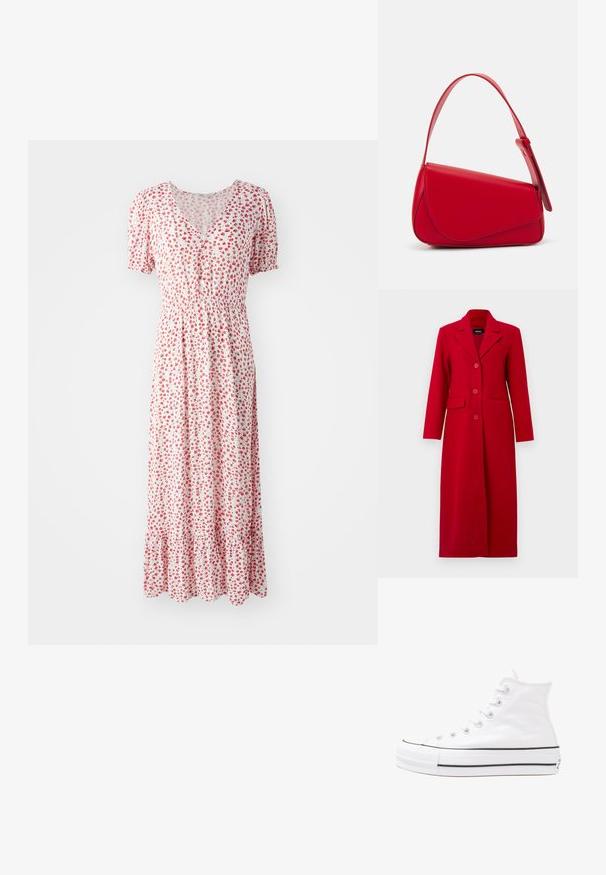 Pitkä punainen takki, jossa on kaulus, kolme nappia ja kaksi etutaskua. Valmistettu sileästä kankaasta, siinä on muotoiltu malli ja suora siluetti.; Kukallinen maksimekko valkoisena, jossa on pieniä punaisia kukkia, V-pääntie, lyhyet puff-hihat ja kerrottu vyötärö. Mukana röyhelöhelma.; Valkoiset korkeavartiset kangaskengät mustalla kumipohjalla, edessä kuminen varvasosa ja kuusi nauha-aukkoa, puhtaan minimalistisella muotoilulla.; Punainen nahkalaukku, jossa on kulmikas, geometrinen muotoilu. Varustettu yhdellä säädettävällä hihnalla ja läpällä, jossa on ommeltu yksityiskohtia.