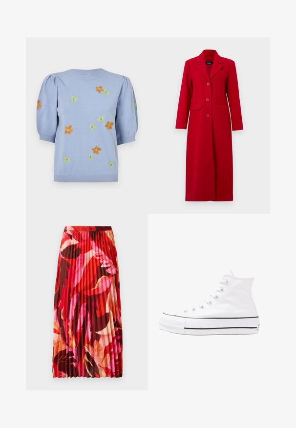 Cappotto lungo rosso con colletto, tre bottoni e due tasche frontali. Realizzato in tessuto liscio, presenta un design sartoriale e una silhouette dritta.; Maglione lavorato a maglia di colore azzurro chiaro con maniche corte a sbuffo, caratterizzato da fiori ricamati colorati in arancione, verde e giallo. Collo e orlo a coste.; Blusa floreale con maniche puff lunghe, base di un chiaro crema, caratterizzata da motivi floreali in viola, arancione e verde, con un classico design del colletto.; Gonna maxi plissettata in un vivace motivo floreale rosso, rosa e marrone. La cintura elasticizzata e la texture morbida migliorano il comfort e lo stile.; Sneaker alta in tela bianca con suola in gomma nera, punta in gomma frontale e sei asole per i lacci, caratterizzata da un design pulito e minimalista.