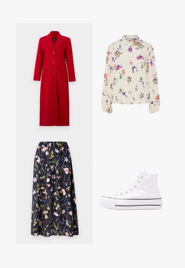 Hosszú piros kabát, gallérral, három gombbal és két elülső zsebbel. Simább szövetből készült, testre szabott fazonja és egyenes silhuettje van.; Virágmintás blúz hosszú puffos ujjakkal, világos krém alapon, lila, narancs és zöld virágmintázattal, klasszikus gallér dizájnnal.; Tengerészkék virágmintás szoknya gumis derékkal, rózsaszín, kék és zöld virágokkal nyomtatva, textúrált anyagon.; Fehér magaskorsó vászon sportcipő fekete gumi talppal, elülső gumi orrnyereggel és hat fűzőlyukkal, letisztult, minimalista dizájnnal.