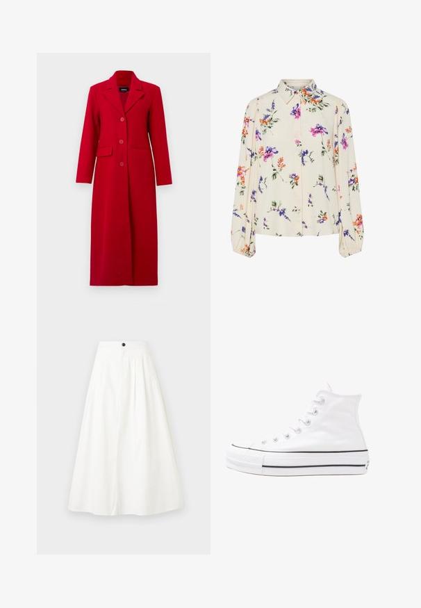 Hosszú piros kabát, gallérral, három gombbal és két elülső zsebbel. Simább szövetből készült, testre szabott fazonja és egyenes silhuettje van.; Virágmintás blúz hosszú puffos ujjakkal, világos krém alapon, lila, narancs és zöld virágmintázattal, klasszikus gallér dizájnnal.; Fehér, A-vonalú szoknya, amely pamutból készült. Plisszírozott, magas derekú, elöl egy fekete gombbal záródik. Simább, texturált anyag.; Fehér magaskorsó vászon sportcipő fekete gumi talppal, elülső gumi orrnyereggel és hat fűzőlyukkal, letisztult, minimalista dizájnnal.