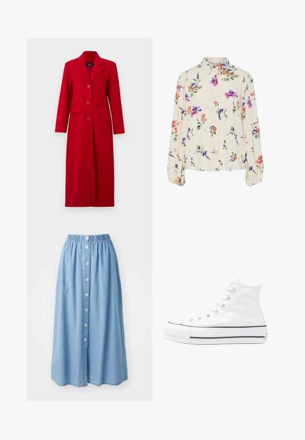 Hosszú piros kabát, gallérral, három gombbal és két elülső zsebbel. Simább szövetből készült, testre szabott fazonja és egyenes silhuettje van.; Virágmintás blúz hosszú puffos ujjakkal, világos krém alapon, lila, narancs és zöld virágmintázattal, klasszikus gallér dizájnnal.; Világoskék farmer szoknya, rugalmas derékkal és hat gombbal az elején. Térd hosszan, laza, légies kialakítással.; Fehér magaskorsó vászon sportcipő fekete gumi talppal, elülső gumi orrnyereggel és hat fűzőlyukkal, letisztult, minimalista dizájnnal.