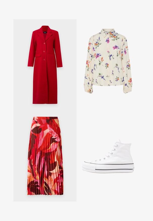 Μακρύ κόκκινο παλτό με γιακά, τρία κουμπιά και δύο μπροστινές τσέπες. Φτιαγμένο από λείο ύφασμα, διαθέτει κομψό σχέδιο και ευθεία σιλουέτα.; Λουλουδάτη μπλούζα με μακριά φουσκωτά μανίκια, σε απαλό κρέμ χρώμα, που διαθέτει μωβ, πορτοκαλί και πράσινα λουλουδάτα μοτίβα, καθώς και κλασικό σχέδιο γιακά.; Πλισέ μακριά φούστα σε ζωντανό κόκκινο, ροζ και καφέ floral σχέδιο. Ελαστική ζώνη στη μέση και λεία υφή που ενισχύει την άνεση και το στυλ.; Λευκό ψηλό καμβαδάκι αθλητικό παπούτσι με μαύρη καουτσούκ σόλα, πρόσθιο καουτσούκ καλύμματος δακτύλου και έξι οπές για κορδόνια, με μια καθαρή και μίνιμαλ σχεδίαση.