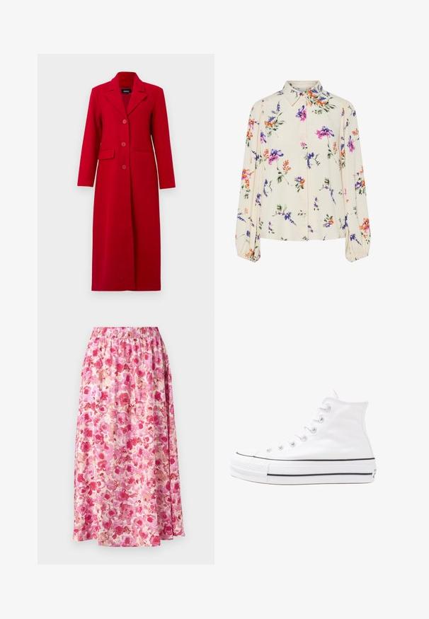 Palton lung roșu cu guler, trei nasturi și două buzunare frontale. Confecționat dintr-un material neted, are un design croit și o siluetă dreaptă.; Bluză florală cu mâneci lungi și puff, bază de crem deschis, cu modele florale în nuanțe de violet, portocaliu și verde, și design cu guler clasic.; Fustă maxi florală cu un talie adunată. Prezintă un model floral luminos în nuanțe de roz și crem pe un material ușor.; Adidași albi tip pantofi sport cu glezna din pânză, cu talpă din cauciuc negru, capac de vârf din cauciuc frontal și șase ochiuri pentru șireturi, având un design curat și minimalist.