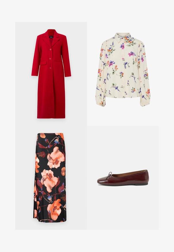 Lang rød frakk med krage, tre knapper og to frontlommer. Laget av glatt stoff, har den et skreddersydd design og rett silhuett.; Blomstrete bluse med lange pufferm, lys kremfarge, med lilla, oransje og grønne blomster mønstre, og klassisk kragedesign.; Blomstrete midi-skjørt med svart bakgrunn og store oransje og blå akvarellblomster; glatt stoff med en lett glans.; Burgunderrød lakk lær ballettleilighet med rund tå, liten sløyfe foran og en lav, svart gummisåle. Glatt tekstur.