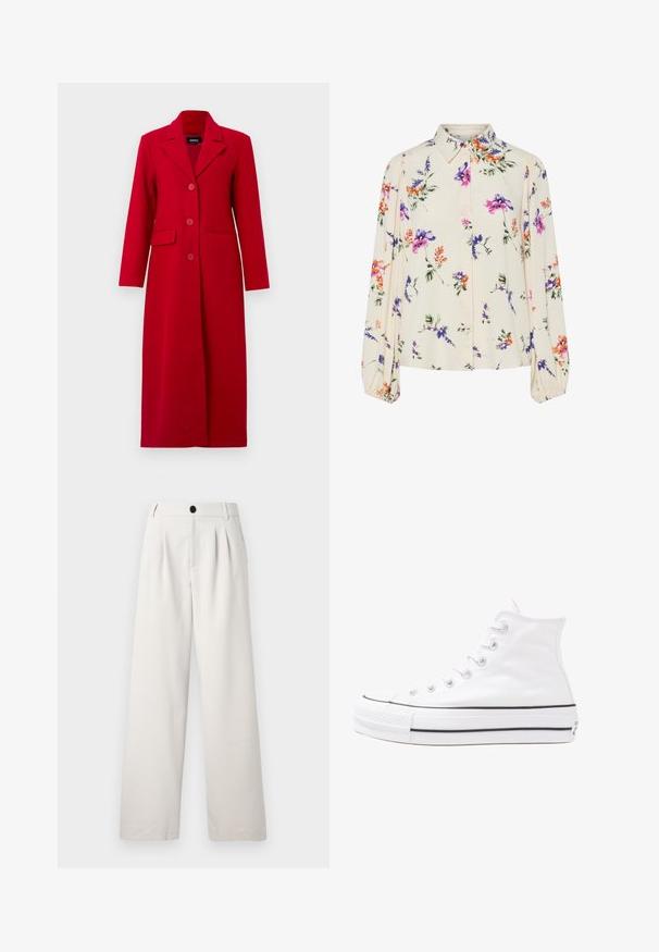 Abrigo largo rojo con cuello, tres botones y dos bolsillos frontales. Hecho de una tela suave, presenta un diseño ajustado y una silueta recta.; Blusa floral con mangas largas abullonadas, base color crema claro, con patrones florales en púrpura, naranja y verde, y diseño de cuello clásico.; Pantalones de pierna ancha beige fabricados con un tejido suave, que presentan pliegues frontales, un cierre de botón único y bolsillos laterales para mayor funcionalidad.; Zapatilla de lona alta blanca con suela de goma negra, puntera de goma frontal y seis ojetes para los cordones, que presenta un diseño limpio y minimalista.