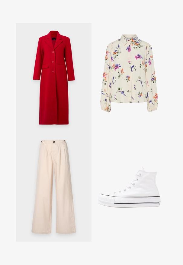 Long manteau rouge avec un col, trois boutons et deux poches avant. Fabriqué en tissu lisse, il présente un design ajusté et une silhouette droite.; Blouse fleurie à manches bouffantes longues, base crème clair, ornée de motifs floraux violets, oranges et verts, avec un col classique.; Pantalons larges beiges en coton, avec une taille haute, deux plis à l'avant et deux boutons marron à la taille.; Baskets montantes en toile blanche avec semelle en caoutchouc noir, capuchon en caoutchouc à l'avant, et six œillets pour les lacets, présentant un design épuré et minimaliste.