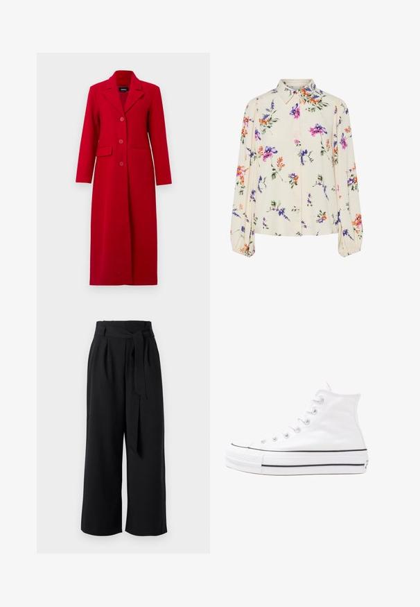 Dlhý červený kabát s golierom, tromi gombíkmi a dvoma prednými vreckami. Vyrobený z hladkej tkaniny, má upravený dizajn a rovný siluet.; Kvetinová blúzka s dlhými puff rukávmi, svetlovo krémovej farby, so vzormi kvetov v purpurovej, oranžovej a zelenej farbe, a klasickým dizajnom goliera.; Čierne široké nohavice vyrobené z ľahkej látky, s viazaným pásom, skladačkami a skráteným strihom nad členkami.; Biele vysoké plátené tenisky s čiernou gumovou podošvou, prednou gumovou špičkou a šiestimi okami na šnúrky, s čistým, minimalistickým dizajnom.