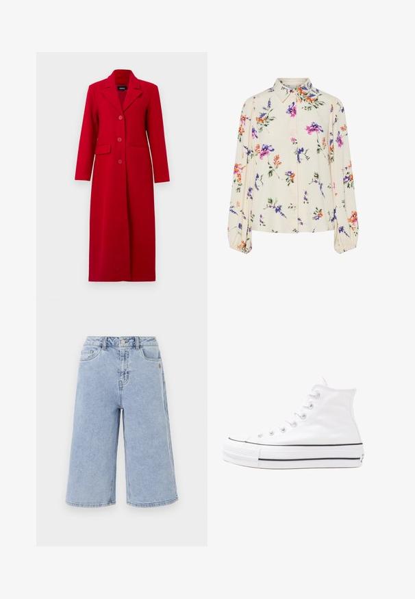 Cappotto lungo rosso con colletto, tre bottoni e due tasche frontali. Realizzato in tessuto liscio, presenta un design sartoriale e una silhouette dritta.; Blusa floreale con maniche puff lunghe, base di un chiaro crema, caratterizzata da motivi floreali in viola, arancione e verde, con un classico design del colletto.; Object OBJISR BERMUDA - Shorts di jeans - medium blue denim; Sneaker alta in tela bianca con suola in gomma nera, punta in gomma frontale e sei asole per i lacci, caratterizzata da un design pulito e minimalista.