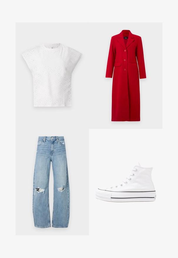 Dlhý červený kabát s golierom, tromi gombíkmi a dvoma prednými vreckami. Vyrobený z hladkej tkaniny, má upravený dizajn a rovný siluet.; Biely top s krátkym rukávom, ktorý má textúrovaný dizajn s dierkovaním, štruktúrované ramená a okrúhly výstrih. Ľahký materiál.; Svetlomodré, vysoké džínsy vyrobené z denimu. Majú široké nohavice, dve roztrhnuté kolená a klasický päťvreckový strih.; Biele vysoké plátené tenisky s čiernou gumovou podošvou, prednou gumovou špičkou a šiestimi okami na šnúrky, s čistým, minimalistickým dizajnom.