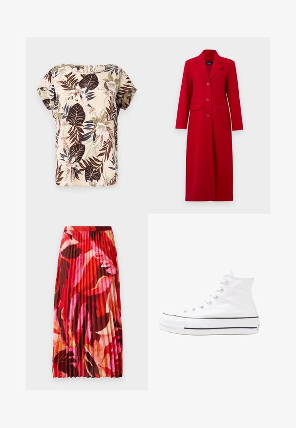 Lang rød jakke med krave, tre knapper og to forlommer. Lavet af glat stof, har den en skræddersyet design og lige silhuet.; Kortærmet bluse i beige, med et tropisk blomsterprint af mørke blade, lyserøde blomster og grønne accenter. Glat stoftekstur.; Plisseret maxiskørt i et livligt mønster med røde, pink og brune blomster. Elastisk talje og glat tekstur forbedrer komforten og stilen.; Hvide høje kanvas sneakers med sort gummisål, gummitåhætte foran og seks øjehuller til snørebånd, der har et rent, minimalistisk design.