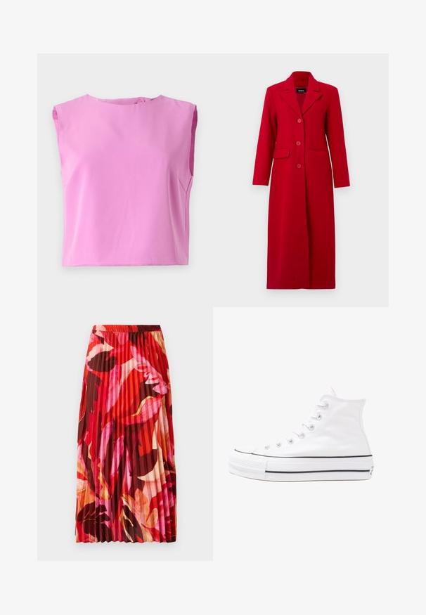 Pikk punane mantel, millel on krae, kolm nööpi ja kaks esitaskut. Valmistatud siledast kangast, sellel on kohandatud disain ja sirge siluett.; Roosa ilma varrukat tipp, ümmarguse kaelusega, sileda tekstuuriga ja nuppe sulgemiseks seljal. Disain on karbi kujuline ja vabalt istuv.; Plisseeritud maksiseelik erksates punastes, roosades ja pruunides lillemustriga. Elastne vöökoht ja sile tekstuur toovad lisamugavust ja stiili.; Valge kõrgem kangast tenniseking, millel on must kummist tald, ees kummist varvasetugi ja kuus aukku paelte jaoks, pakkudes puhta ja minimalistliku disaini.