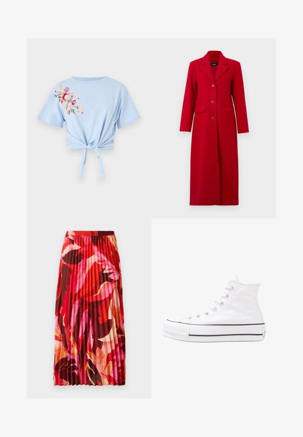 Abrigo largo rojo con cuello, tres botones y dos bolsillos frontales. Hecho de una tela suave, presenta un diseño ajustado y una silueta recta.; Camiseta corta de color azul claro con escote redondo y mangas cortas, que presenta bordados florales en rosa y amarillo en el lado izquierdo y un detalle de nudo atado.; Falda maxi plisada en un vibrante patrón floral de rojo, rosa y marrón. La cinturilla elástica y la textura suave mejoran la comodidad y el estilo.; Zapatilla de lona alta blanca con suela de goma negra, puntera de goma frontal y seis ojetes para los cordones, que presenta un diseño limpio y minimalista.