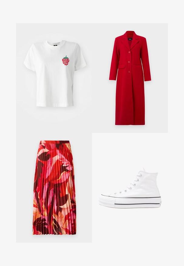 Garšs sarkans skapja mētelis ar apkakli, trim pogām un divām priekšējām kabatām. Izgatavots no gludas auduma, tas izceļas ar pielāgotu dizainu un taisnu siluetu.; Balta kokvilnas T-krekls ar īsām piedurknēm un apaļu kakla izgriezumu, ar sarkanu un zaļu izšūtu zemeņu un tekstu "BERRY CUTE."; Izplešanās maksi svārki ar dzīvīgu sarkanu, rozā un brūnu ziedu rakstu. Elastīgs josta un gluda tekstūra uzlabo komfortu un stilu.; Balti augstie kanvas sporta apavi ar melnu gumijas zoli, priekšējo gumijas purngalu un sešām acīm lencēm, kuriem ir tīrs, minimālistisks dizains.