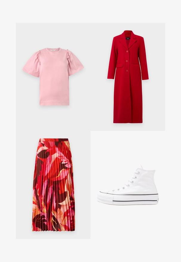 Hosszú piros kabát, gallérral, három gombbal és két elülső zsebbel. Simább szövetből készült, testre szabott fazonja és egyenes silhuettje van.; Rózsaszín pamut póló rövid puffujjakkal és ráncolt részletekkel a vállaknál. Klasszikus kerek nyakú és egyenes szegélyű. Puha tapintású.; Red, rózsaszín és barna virágmintás, pliszírozott maxi szoknya. Az elasztikus derékpánt és a sima textúra növeli a kényelmet és a stílust.; Fehér magaskorsó vászon sportcipő fekete gumi talppal, elülső gumi orrnyereggel és hat fűzőlyukkal, letisztult, minimalista dizájnnal.
