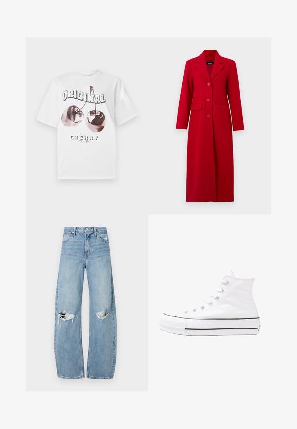 Garšs sarkans skapja mētelis ar apkakli, trim pogām un divām priekšējām kabatām. Izgatavots no gludas auduma, tas izceļas ar pielāgotu dizainu un taisnu siluetu.; Balts kokvilnas T-krekls ar īsām piedurknēm. Iekļauj grafisku attēlu ar divām ķiršiem un tekstu "ORIĢINĀLAIS ĶIRŠU KLUBS" biezā melnā fontā.; Gaiši zili, augstās vidukļa džinsi, kas izgatavoti no denima. Iespējas plašas kājas, divas plēstas ceļa daļas un klasiskā piecu kabatu dizains.; Balti augstie kanvas sporta apavi ar melnu gumijas zoli, priekšējo gumijas purngalu un sešām acīm lencēm, kuriem ir tīrs, minimālistisks dizains.