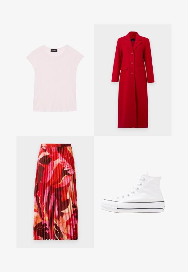 Lang rød jakke med krave, tre knapper og to forlommer. Lavet af glat stof, har den en skræddersyet design og lige silhuet.; Lyserød T-shirt med korte ærmer, rund halsudskæring og indsamlede detaljer i siderne. Lavet af blødt, letvægts stof.; Plisseret maxiskørt i et livligt mønster med røde, pink og brune blomster. Elastisk talje og glat tekstur forbedrer komforten og stilen.; Hvide høje kanvas sneakers med sort gummisål, gummitåhætte foran og seks øjehuller til snørebånd, der har et rent, minimalistisk design.