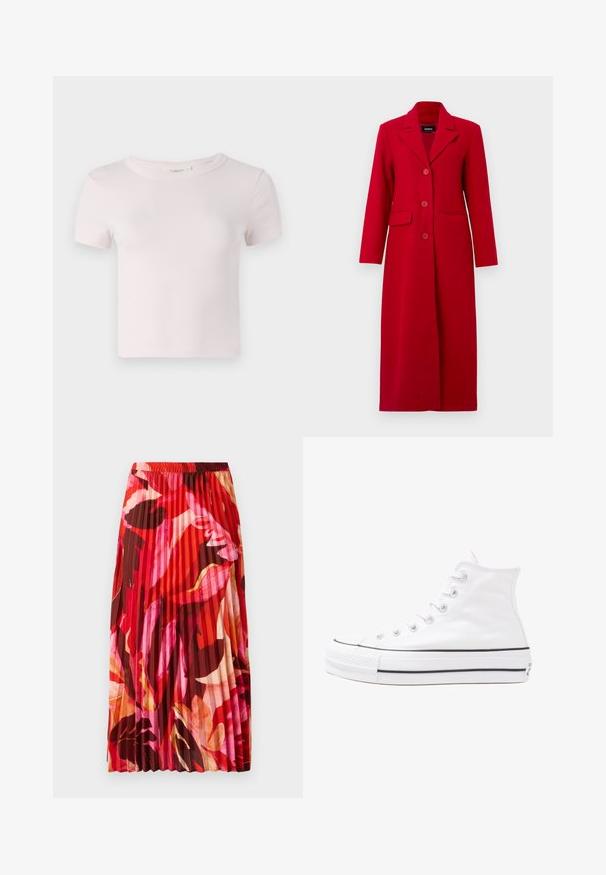 Cappotto lungo rosso con colletto, tre bottoni e due tasche frontali. Realizzato in tessuto liscio, presenta un design sartoriale e una silhouette dritta.; T-shirt rosa in cotone a maniche corte con scollatura rotonda e vestibilità rilassata. Tessuto morbido e design semplice, adatto per un abbigliamento casual.; Gonna maxi plissettata in un vivace motivo floreale rosso, rosa e marrone. La cintura elasticizzata e la texture morbida migliorano il comfort e lo stile.; Sneaker alta in tela bianca con suola in gomma nera, punta in gomma frontale e sei asole per i lacci, caratterizzata da un design pulito e minimalista.