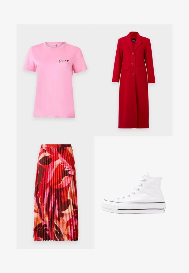 Long manteau rouge avec un col, trois boutons et deux poches avant. Fabriqué en tissu lisse, il présente un design ajusté et une silhouette droite.; T-shirt en coton rose à manches courtes avec col rond et texte noir "Party" brodé sur la poitrine gauche. Texture lisse et design simple.; Jupe maxi plissée aux couleurs vives de rouge, rose et motif floral marron. La taille élastique et la texture douce améliorent le confort et le style.; Baskets montantes en toile blanche avec semelle en caoutchouc noir, capuchon en caoutchouc à l'avant, et six œillets pour les lacets, présentant un design épuré et minimaliste.