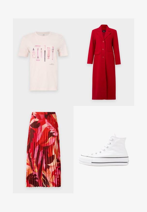 Lang rød frakk med krage, tre knapper og to frontlommer. Laget av glatt stoff, har den et skreddersydd design og rett silhuett.; Rosa t-skjorte med korte ermer som har et grafisk motiv av skjønnhetsprodukter i ulike nyanser av rosa, med teksten "Skjønnhetsessensielle" nederst.; Plisserte maxiskjørt i en livlig rød, rosa og brun blomsterdesign. Elastisk midjebånd og glatt tekstur forbedrer komfort og stil.; Hvit høy-skinn kanvas sneakers med svart gummisåle, gummitåhette foran og seks hull for snorer, med et rent, minimalistisk design.