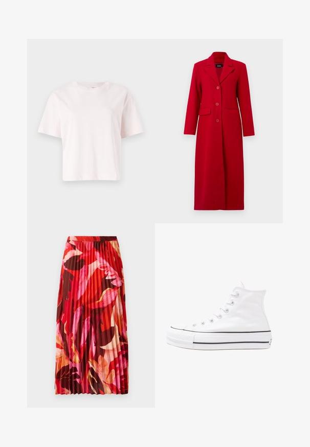 Dlouhý červený kabát s límcem, třemi knoflíky a dvěma předními kapsami. Vyroben z hladkého materiálu, má upravený střih a rovnou siluetu.; Světle růžové, krátké tričko s krátkým rukávem, zkrácený střih vyrobené z měkké bavlny. Má kulatý výstřih a volný střih. Bez viditelných vzorů nebo kovových částí.; Maxi sukně s plisováním v zářivé červené, růžové a hnědé květinové vzoru. Elastický pas a hladká textura zvyšují pohodlí a styl.; Bílé vysoké plátěné tenisky s černou gumovou podrážkou, přední gumovou špičkou a šesti očky na tkaničky, se čistým, minimalistickým designem.