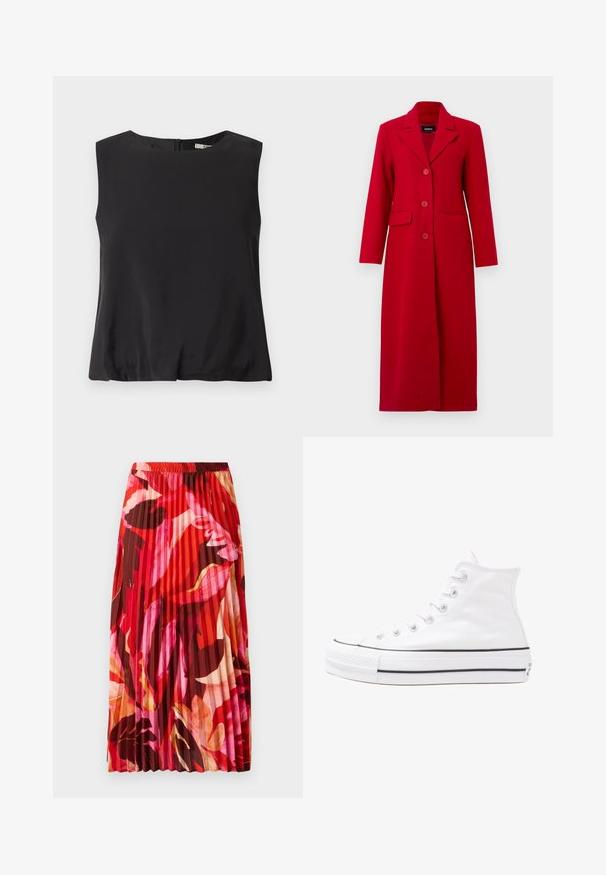 Abrigo largo rojo con cuello, tres botones y dos bolsillos frontales. Hecho de una tela suave, presenta un diseño ajustado y una silueta recta.; Top negro sin mangas hecho de una tela suave, con un escote redondo y un cierre de cremallera en la parte posterior. Diseño sencillo sin estampados.; Blusa floral con mangas largas abullonadas, base color crema claro, con patrones florales en púrpura, naranja y verde, y diseño de cuello clásico.; Falda maxi plisada en un vibrante patrón floral de rojo, rosa y marrón. La cinturilla elástica y la textura suave mejoran la comodidad y el estilo.; Zapatilla de lona alta blanca con suela de goma negra, puntera de goma frontal y seis ojetes para los cordones, que presenta un diseño limpio y minimalista.