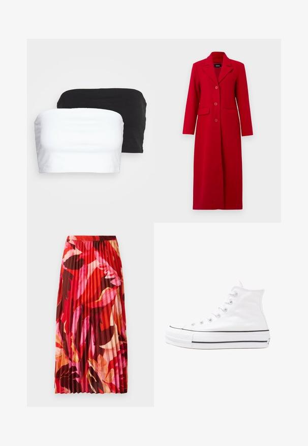 Palton lung roșu cu guler, trei nasturi și două buzunare frontale. Confecționat dintr-un material neted, are un design croit și o siluetă dreaptă.; Două topuri scurte fără bretele, unul alb și unul negru, fabricate dintr-un material de bumbac elastic. Textură netedă cu un design simplu și fără cusături vizibile.; Fustă maxi pliată într-un model floral vibrant în nuanțe de roșu, roz și maroniu. Banda elastică la talie și textura netedă îmbunătățesc confortul și stilul.; Adidași albi tip pantofi sport cu glezna din pânză, cu talpă din cauciuc negru, capac de vârf din cauciuc frontal și șase ochiuri pentru șireturi, având un design curat și minimalist.