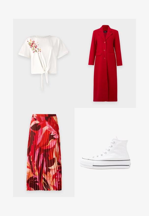 Palton lung roșu cu guler, trei nasturi și două buzunare frontale. Confecționat dintr-un material neted, are un design croit și o siluetă dreaptă.; Tricou alb cu mânecă scurtă și un nod în față. Are broderie florală în nuanțe de roz și galben pe partea stângă. Material din bumbac moale.; Fustă maxi pliată într-un model floral vibrant în nuanțe de roșu, roz și maroniu. Banda elastică la talie și textura netedă îmbunătățesc confortul și stilul.; Adidași albi tip pantofi sport cu glezna din pânză, cu talpă din cauciuc negru, capac de vârf din cauciuc frontal și șase ochiuri pentru șireturi, având un design curat și minimalist.