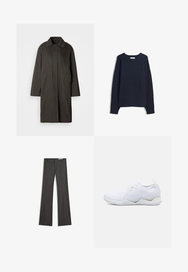 Dlouhý černý kabát s límcem, skrytým zapínáním na knoflíky a šikmými postranními kapsami, vystavený na jednolitém světlém pozadí.; Námořnická modrá svetr s výstřihem do V, dlouhými rukávy, žebrovanými manžetami a lemem. Vyroben z měkkého pleteného materiálu, s uvolněným střihem a minimalistickým designem.; Šedé rozšířené kalhoty z hladkého materiálu, se splývavým předním dílem, poutky na opasek a přiléhavým střihem s čistými liniemi.; Bílé sportovní boty s texturovaným pleteným svrškem, které mají lehkou podrážku a jemné geometrické akcenty. Viditelný název značky "Kempa".