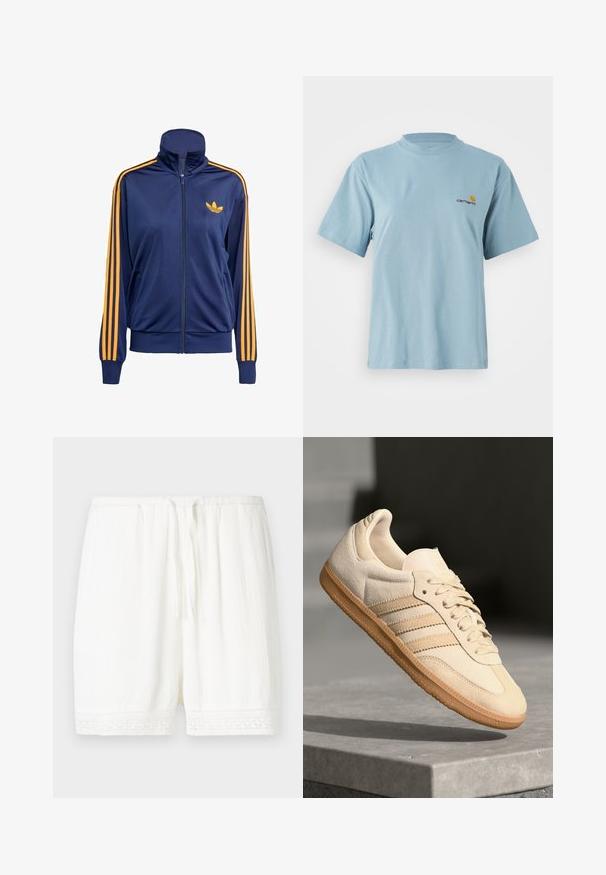 Tumši zila jaka ar rāvējslēdzēju un augstu apkakli, ar oranžām svītrām, kas stiepjas lejup pa piedurknēm, un mazu oranžu logotipu uz krūšu rajona. Gluda, sporta tipa auduma.; Gaiši zils īsām piedurknēm kokvilnas T-krekls ar apaļu kaklu un mazu dzeltenu un sarkanu Carhartt logotipu uz kreisā krūtī.; Baltās šorti izgatavoti no viegla auduma, ar teksturētu apdari un mežģīņu apdari ap apakšmalu. Elastīga josta ar regulējamu auklu.; Gaišbeige zamšas sneakeris ar gumijas zoli, trim diagonālām svītrām un teksturētu purngali. Uz mēles un sānos ir redzams logotips.