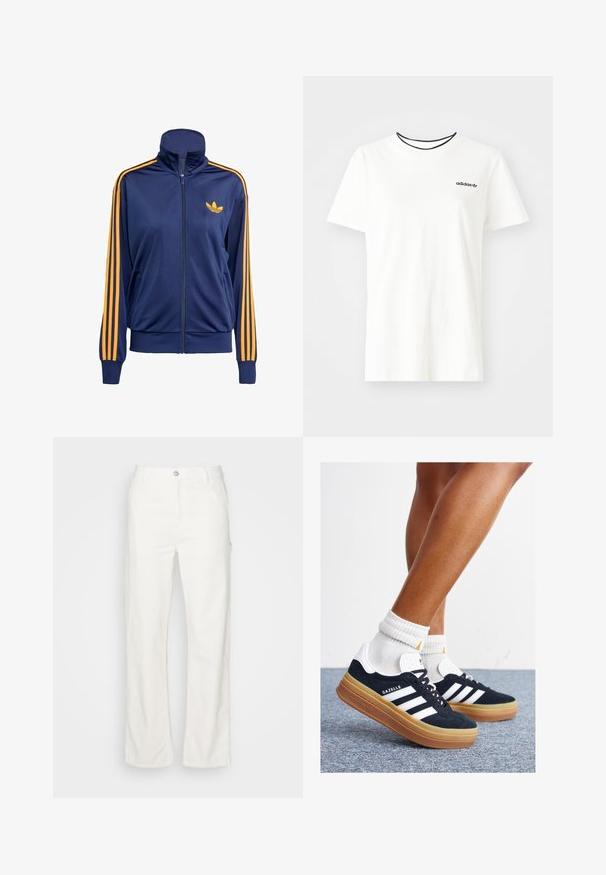 Dunkelblaue Zip-Jacke mit hohem Kragen, orangefarbenen Streifen an den Ärmel und kleinem orangefarbenem Logo auf der Brust. Glattes, sportliches Material.; Weißes Baumwoll-T-Shirt mit kurzen Ärmeln und rundem Halsausschnitt. Mit einem schwarzen Adidas-Logo auf der Brust und einem kontrastierenden schwarzen Innenkragen.; Weiße Baumwoll-Hosen mit geradem Bein, einer vorderen Knopfleiste, Gürtelschlaufen und Seitentaschen. Glatte Textur ohne sichtbare Muster.; Schwarze Wildledersneaker mit weißen Streifen und Akzenten, rundlicher Zehenbereich, Sohlen aus braunem Gummi, kombiniert mit weißen, gerippten Sneakersocken.
