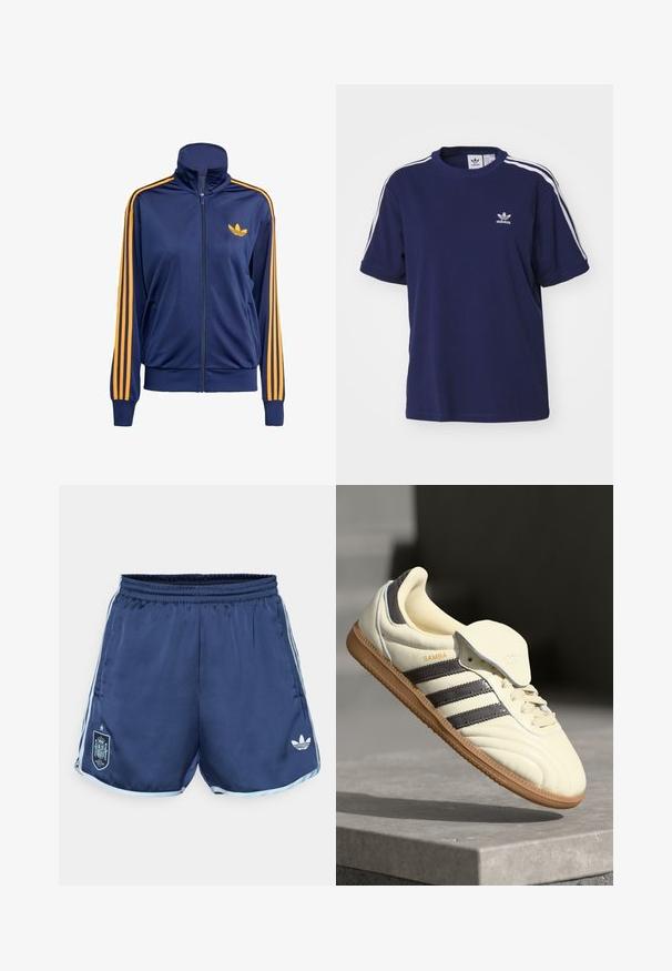 Granatowa kurtka z zamkiem na całej długości i wysokim kołnierzem, z pomarańczowymi paskami biegnącymi wzdłuż rękawów oraz małym pomarańczowym logo na piersi. Gładki, sportowy materiał.; adidas Originals - T-shirt z nadrukiem; Granatowe spodenki sportowe z jasnoniebieskimi paskami po bokach, elastycznym pasem, oficjalnym emblematem drużyny Hiszpanii oraz białym logo Adidas.; Kremowe skórzane trampki z trzema ciemnymi paskami, brązową gumową podeszwą i zaokrąglonym noskiem. Posiadają składany język z napisem "SAMBA".