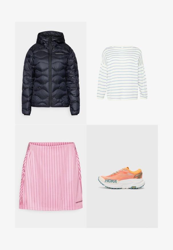 Chaqueta de plumas azul marino con capucha, que presenta una textura acolchada, cierre frontal con cremallera y un logo en el pecho. Material suave y ligero.; Camiseta blanca de manga larga con rayas horizontales azules. Tiene un escote ancho y un corte holgado, realizada en una tela suave con una textura lisa.; Falda mini rosa con rayas rojas verticales. Textura suave con un diseño ajustado y un pequeño logotipo de la marca en el dobladillo inferior derecho.; Zapatilla de correr en naranja y rosa con parte superior de malla, entresuela blanca, suela Vibram y detalles en azul claro. Presenta la marca HOKA en el lateral.