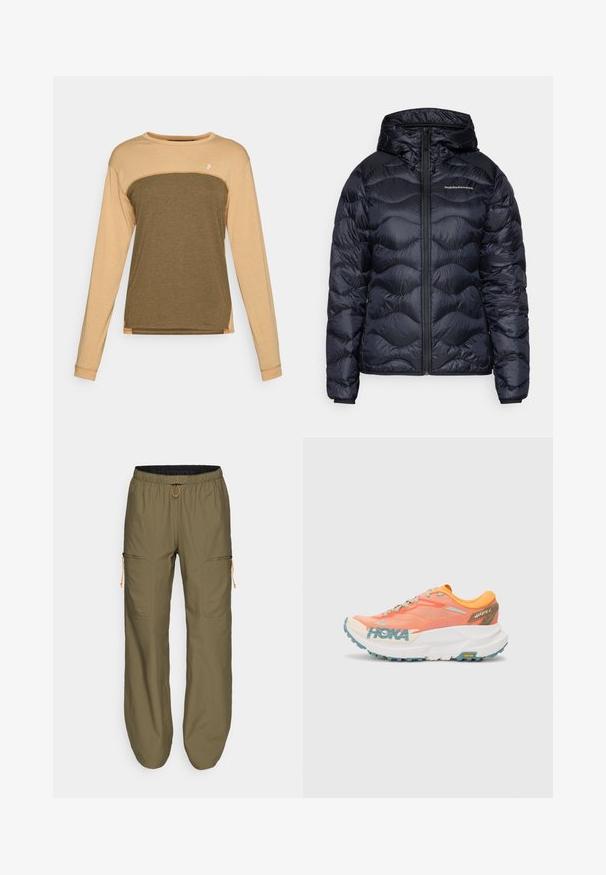 Námořnická prošívaná bunda s kapucí, která má prošívanou strukturu, přední zip a logo na hrudi. Hladký, lehký materiál.; Bílé dlouhé rukávy triko s modrými vodorovnými pruhy. Má široký výstřih a volný střih, vyrobené z měkké tkaniny s hladkým texturem.; Košile s dlouhým rukávem, která má béžovou horní část a tmavě olivově zelenou spodní část. Měkká, texturovaná tkanina s kontrastními švy na ramenou.; Lehké olivově zelené cargo kalhoty s elastickým pasem a oranžovým šňůrkem; mají zipové boční kapsy a prošívané detaily.; Oranžovo-růžová běžecká obuv s mesh svrškem, bílou mezipodešví, Vibram podrážkou a světle modrými akcenty. Na boku je branding HOKA.