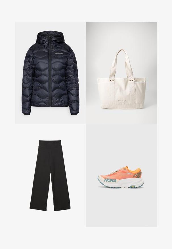 Laivastonsininen puffatakki hupulla, jossa on tilkkutyylinen pinta, edessä vetoketjusuljenta ja logo rinnassa. Sujuva, kevyt materiaali.; Valkoinen pitkähihaisinen paita, jossa on sinisiä vaakasuoria raitoja. Ominaisuuksiin kuuluu leveä pääntie ja tilava malli, valmistettu pehmeästä kankaasta, jossa on sileä rakenne.; Mustat leveälahkeiset housut, joissa on korkea joustava vyötärö, pehmeä kangas ja väljät mitat, sopivat arkiseen käyttöön tai rentoihin tiloihin.; Oranssi ja vaaleanpunainen juoksukenkä, jossa verkkopäällinen, valkoinen väli-osa, Vibram-pohja ja vaalean siniset yksityiskohdat. HOKA-logot löytyvät sivulta.; Kankaan kantokassi vaaleassa beigevärissä, jossa on kaksi tukevata kahvaa, kontrastivalkoinen reunus ja logo "THE NORTH FACE" mustalla etupuolella.