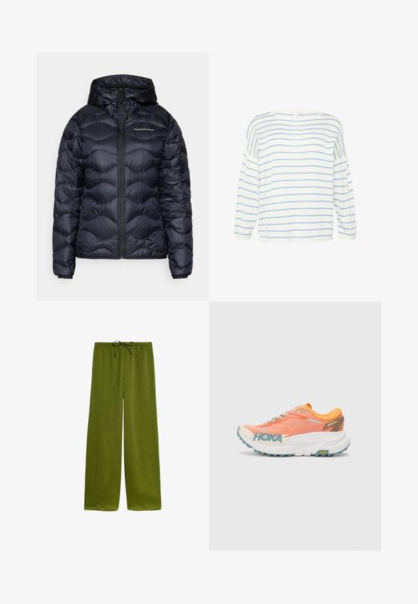 Navy puffer jacket with a hood, featuring a quilted texture, front zip closure, and a logo on the chest. Smooth, lightweight material.; White long-sleeve top with blue horizontal stripes. Features a wide neckline and loose fit, made from soft fabric with a smooth texture.; Green, wide-leg pants made of lightweight fabric, featuring a drawstring waist and a subtle textured pattern throughout.; Orange and pink running shoe with mesh upper, white midsole, Vibram outsole, and light blue accents. Features HOKA branding on the side.