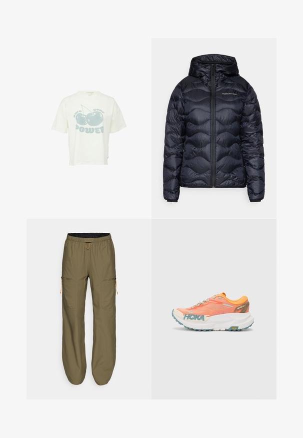 Marineblaue Steppjacke mit Kapuze, ausgestattet mit einem gesteppten Muster, Frontreißverschluss und einem Logo auf der Brust. Glattes, leichtes Material.; Weißes Baumwoll-T-Shirt mit kurzen Ärmeln, mit einem hellblauen Grafikdesign von zwei Kirschen und dem Satz "Besitze deine Kraft" darunter.; Leichte, olivgrüne Cargo-Hosen mit elastischem Bund und orangem Kordelzug; ausgestattet mit Reißverschluss-Seitentaschen und genähten Akzenten.; Oranges und pinkes Laufband mit Obermaterial aus Mesh, weißer Zwischensohle, Vibram-Laufsohle und hellblauen Akzenten. Verfügt über HOKA-Branding an der Seite.